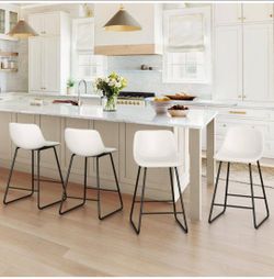 Lue Bona Alexander Set of 4 Industrial Faux Leather Bar Stools (Indoor/Outdoor), Urban Armless Dining Chairs with Metal Legs, Modern Counter-Height Ba