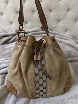 Gucci Beige Suede GG Canvas Drawstring Shoulder Bag