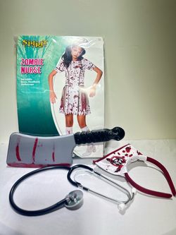 LARGE 12-14 Kids Zombie Nurse Costume + BONUS Prop Knife!