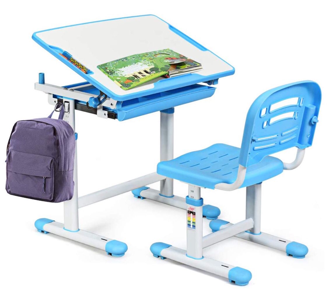 Kids Desk and Chair Set, Height Adjustable Children Study Table (blue )