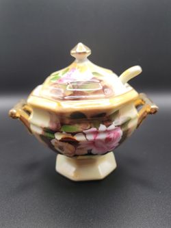 Vintage Enesco Gold Trimmed Floral Sugar Bowl With Spoon