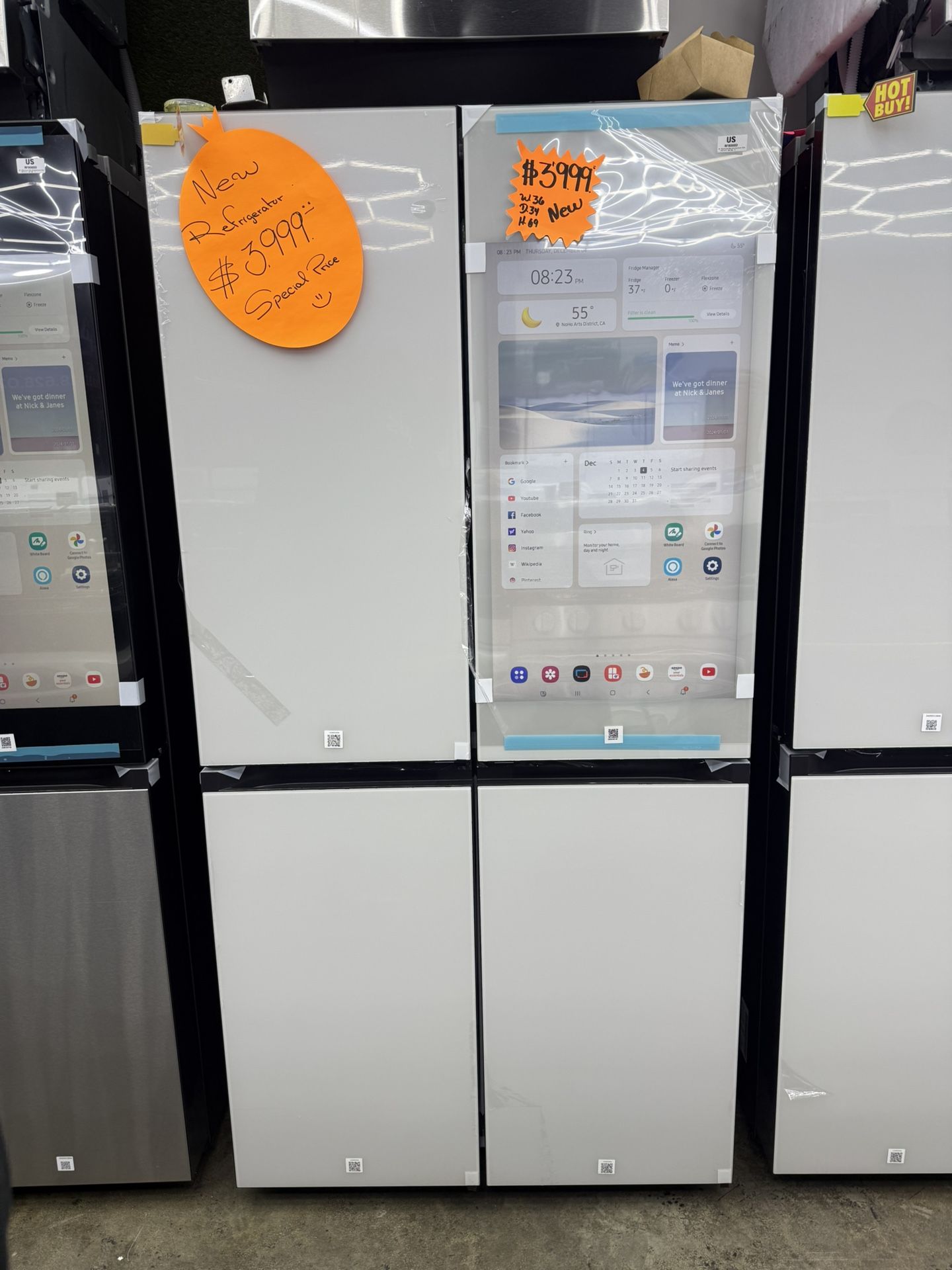 Brand new Samsung Bespoke 29 cu. ft. Standard Depth 4-Door Flex French Door Refrigerator in White Glass with Family Hub+