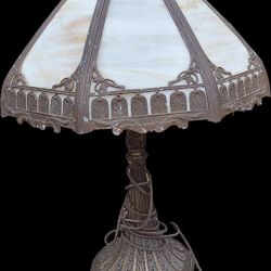 Antique 2 Socket Table Slag Lamp with Bent Slag Glass Panels, Marconi/ Business 80. 