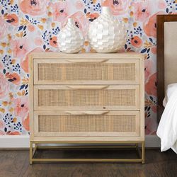 *Brand New* Powell Natural Rattan and Gold Base 3 Drawer Danika Cabinet

