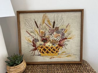 Vintage Framed Flowers Needlepoint Picture Yarn Embroidery Core Wall Art Vintage Hand Crafted 