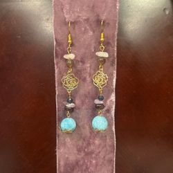 Romantic Gold-Tone Rose Filigree Earrings with Layered Multigemstone Cascade and Sky-Blue Quartz Drop