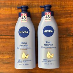 Nivea SHEA NOURISH With Deep Nourishing Serum; 48 Hr Moisture Body Lotion; Nourishes And Smooths Dry Skin: Shea Butter 16.9 oz Each (2 For $$13)