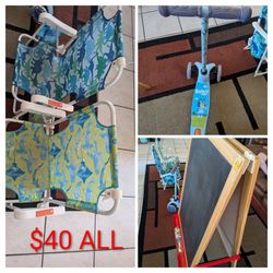 Kids Art easel, Chair & bluey scooter $40