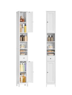 Bathroom Tall Storage Cabinet, Slim Freestanding Floor Cabinet with Adjustable Shelves, Drawer, Open Compartments, for Small Spaces, Bathroom, Living