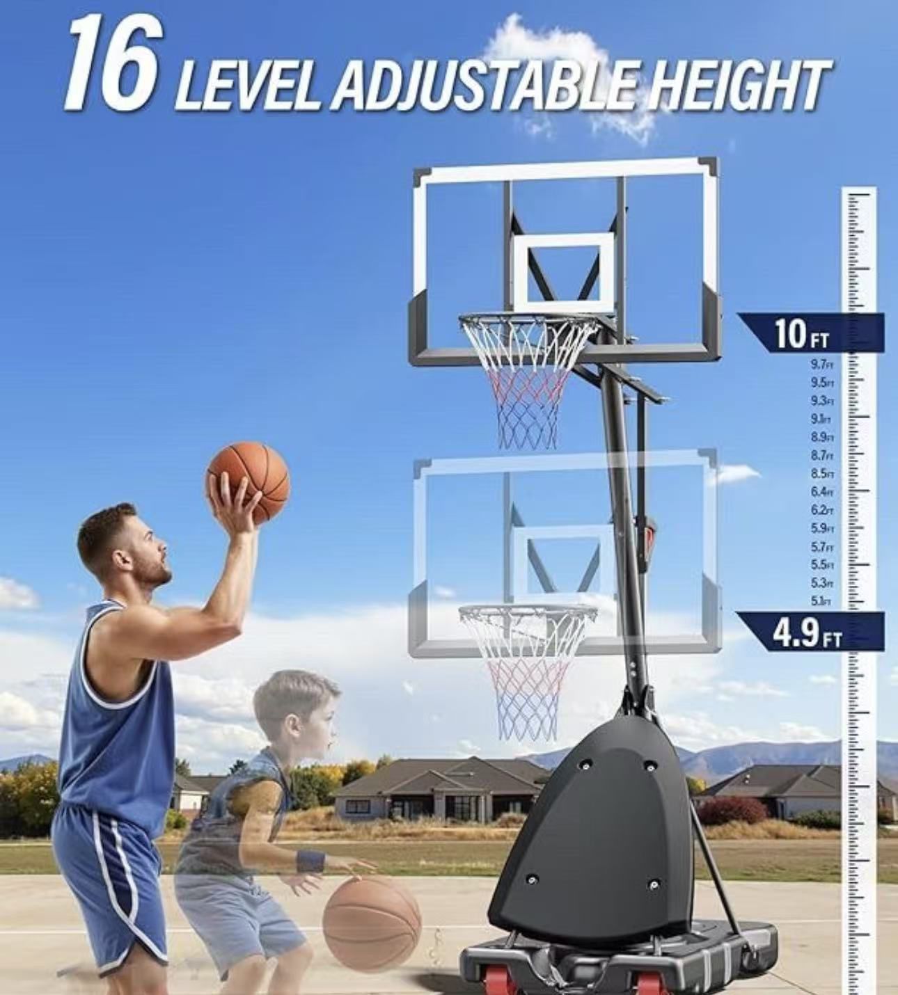 Basketball Hoop Outdoor, 4.9-10 ft Adjustable Height, Weather Proof Heavy Base and 44 Inch Shatterproof Backboard, Portable Basketball Hoop Goal Syste