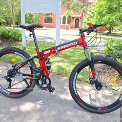 Kingttu Bikes G6 Mountain Bike 26 Inches Wheels Dual Suspension Folding Bike 21 Speed Bicycle Red. Disc brakes.