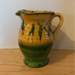 Rustic terra-cotta green yellow glazed pitcher 7” x 6”  B19