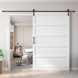 60inx80in Barn Door White with 10FT Sliding Door Hardware Kit Included & Handle,MDF,Solid PVC Surface,DIY Assembly,5-Panel Exquisite and Du