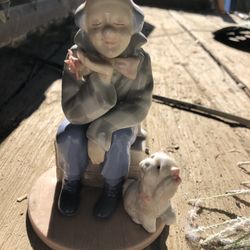 Charming Porcelain Clown Figurine with Dog and Flower -