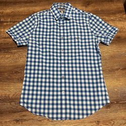 Express Plaid Fitted Shirt Adult M 15-15 1/2 Blue Button Up Short Sleeve Mens