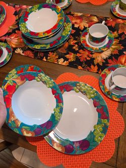 American Atelier Delicious 43-Piece Dinnerware Set – Harvest Fruit Pattern – Perfect for Thanksgiving