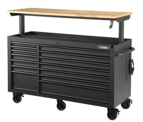 NEW Husky
62 in. W x 24 in. D Heavy Duty 14-Drawer Workbench Cabinet with Adjustable Height Wood Top in Matte Black