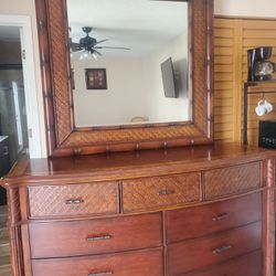 Cherry Oak Wood Dresser And Mirror