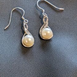 Sterling Silver Freshwater Cultured Pearl & Diamond Accent Teardrop Earrings