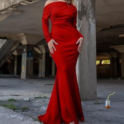 New Cocktail Party Dress Sexy Off Shoulder Ruffle Elegant Evening Prom Red Dress Sz-Small & XL Only