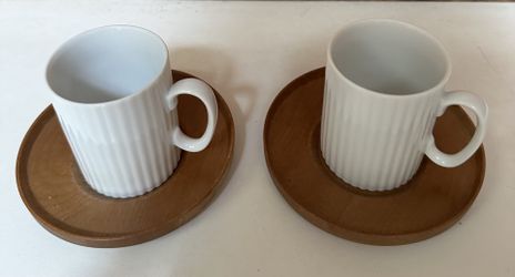 Pair vintage Japanese Coronet porcelain espresso cups with walnut saucers