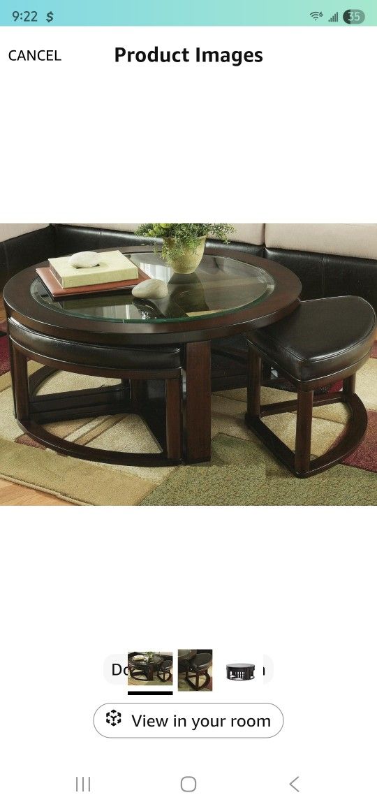 Roundhill Furniture Cylina Solid Wood Glass Top Round Coffee Table with 4 Stools, Espresso