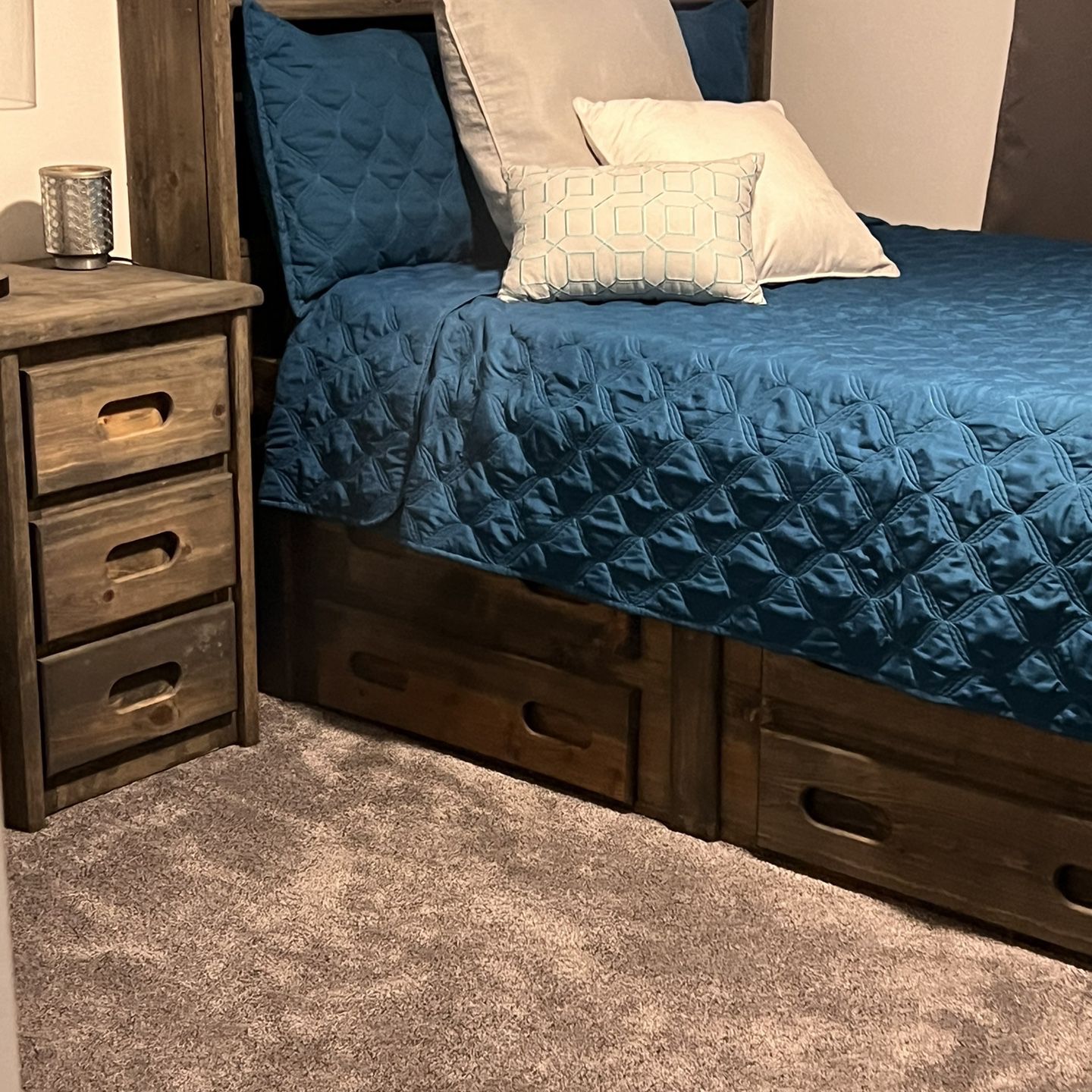 Gray Rustic Double Bed, Nightstand and mattress 