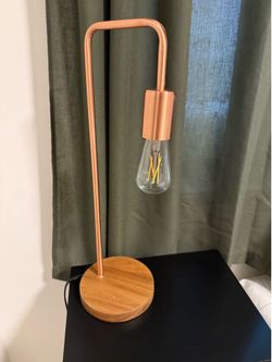 Industrial Nightstand Lamp with Wooden Base, Metal Rose Gold - set of 2
