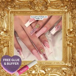 Pink Rock Glitter Rhinestone French Press On Nails 24 Pc Set - FREE GLUE & BUFFER