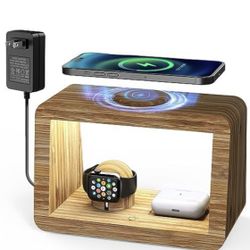 Bamboo Wireless Charging Station: 3-in-1 Mag-Safe Wireless Charger with Night Lights - Fast Charging Stand Compatible with iPhone