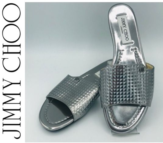 PENDING Jimmy Choo Nanda Mirrored Embossed Leather Slides in Silver (“Steel”) Size 38.5 (I)