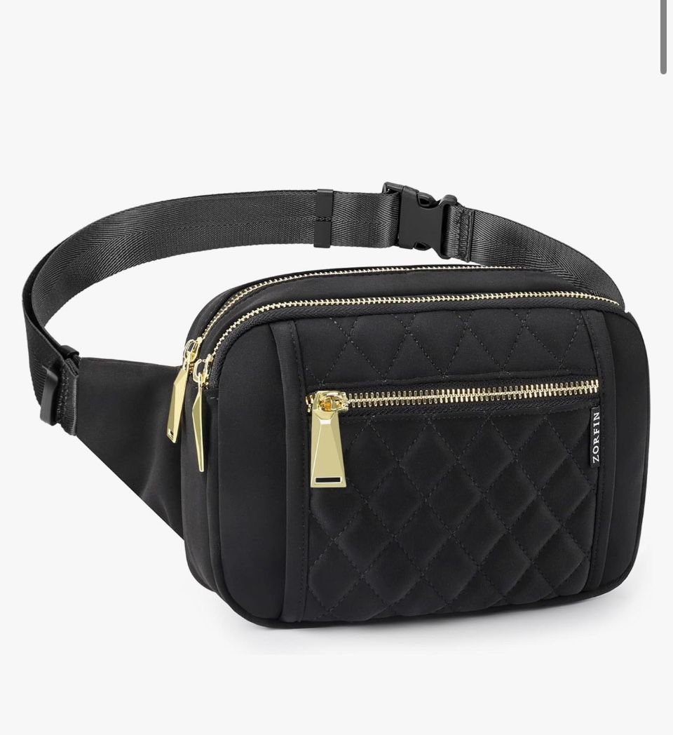 ZORFIN Fanny Packs for Women Men, Quilted Belt Bag with 5 Zipper Pockets, Fashion Waist Pack Crossbody Bag with Adjustable Belt for Travel/Shopping/Hi