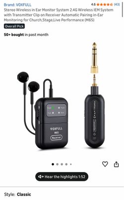 Stereo Wireless in Ear Monitor System 2.4G Wireless IEM System with Transmitter Clip on Receiver Automatic Pairing in-Ear