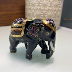 ELEPHANT MINI FIGURINE STATUE WOOD CARVED HAND PAINTED DECOR 