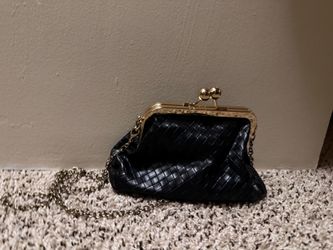 Black Woven Leather Clutch with Gold Chain
