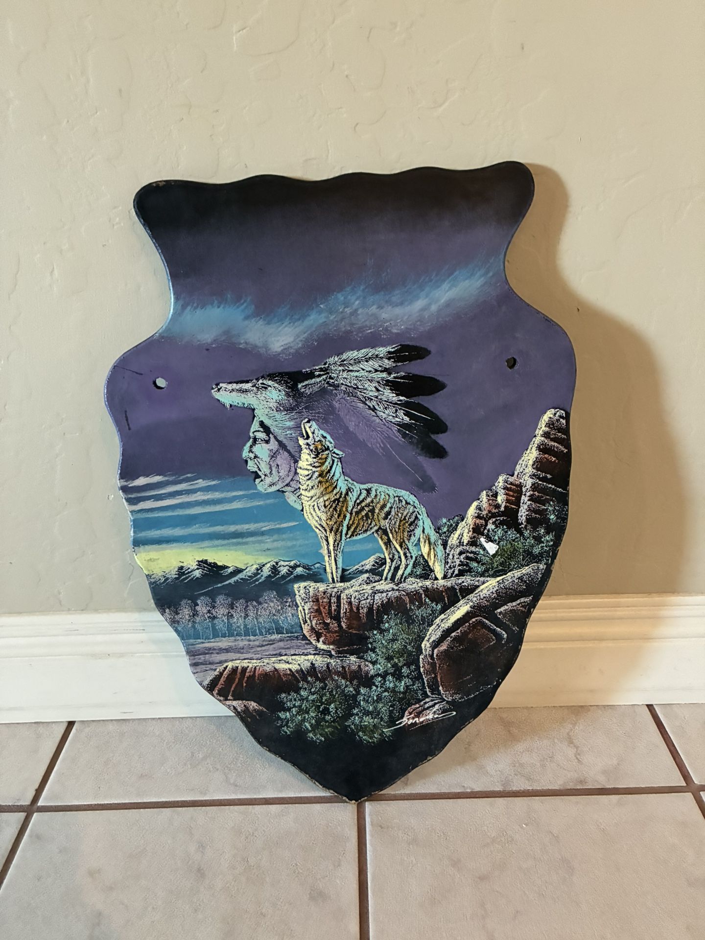 Vintage Wooden Arrowhead Native American/ Wolf Sign. Signed. Hand Painted. 14x21