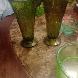 Vintage Olive Green Grapevine Fluted Vases