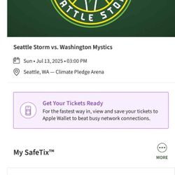 Seattle Storm vs. Washington  Mystics. 
SUN. July 13. 
CLUB seats. sec. 15 Row N. Seats. 11-12