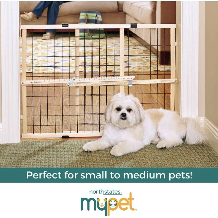 MYPET North States 42" Wide Wood Wire Mesh Petgate: Expands & Locks In Place With No Tools. Pressure Mount. Fits 26.5" - 42" Wide (23" Tall, American