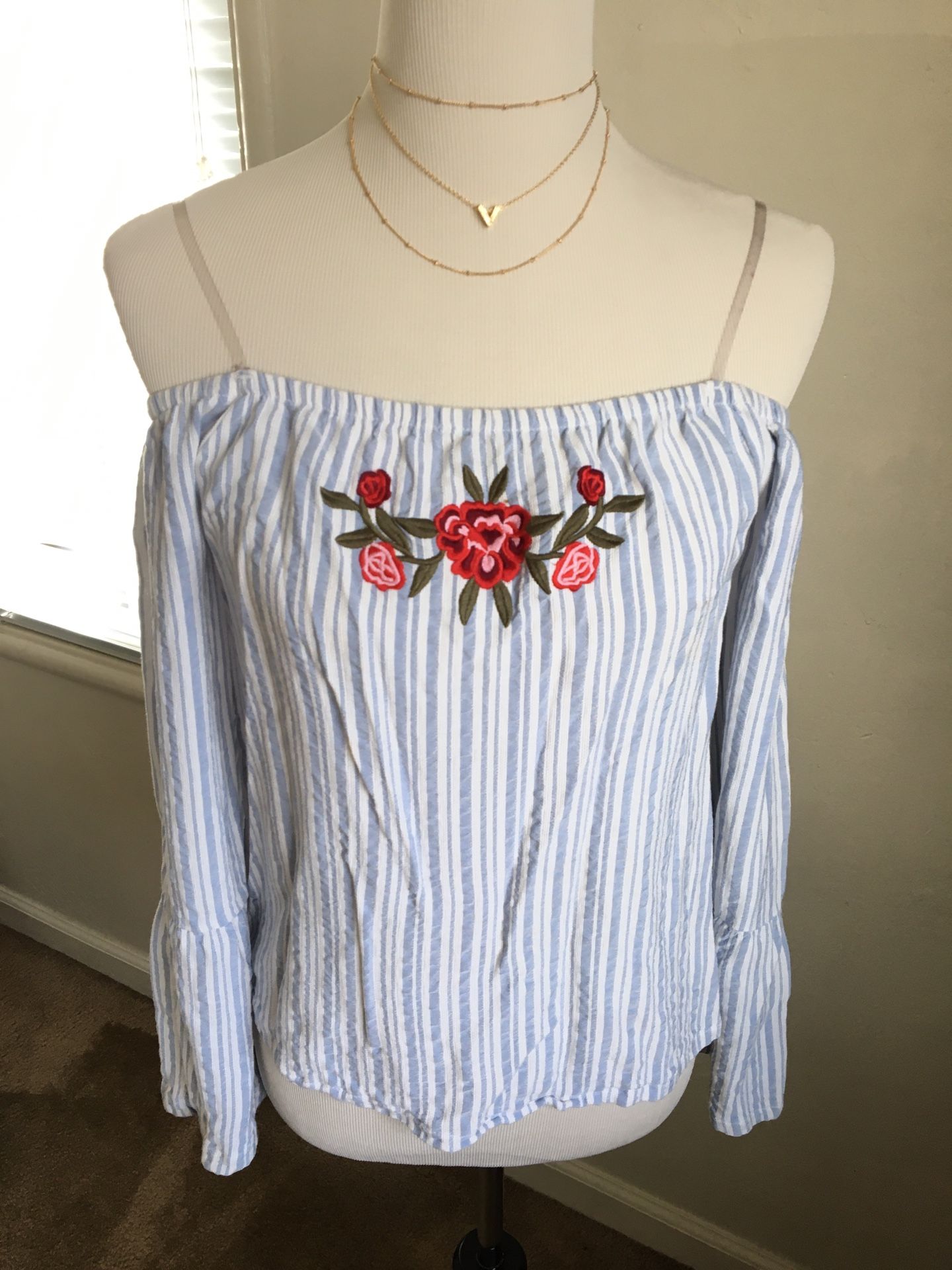 Striped White & Blue Off the Shoulder Blouse