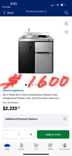 6.00 Summit Appliance 36-in Wide All-In-One Combination Kitchen with refrigerator/ freezer, sink, and 2 burners -zone Co...