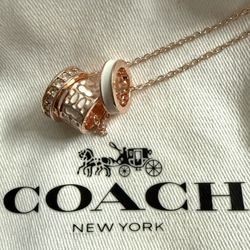 Coach Designer Brand Signature Multiple C Rondell Ring Charm Necklace In White Enamel, Crystal, & Rose Gold