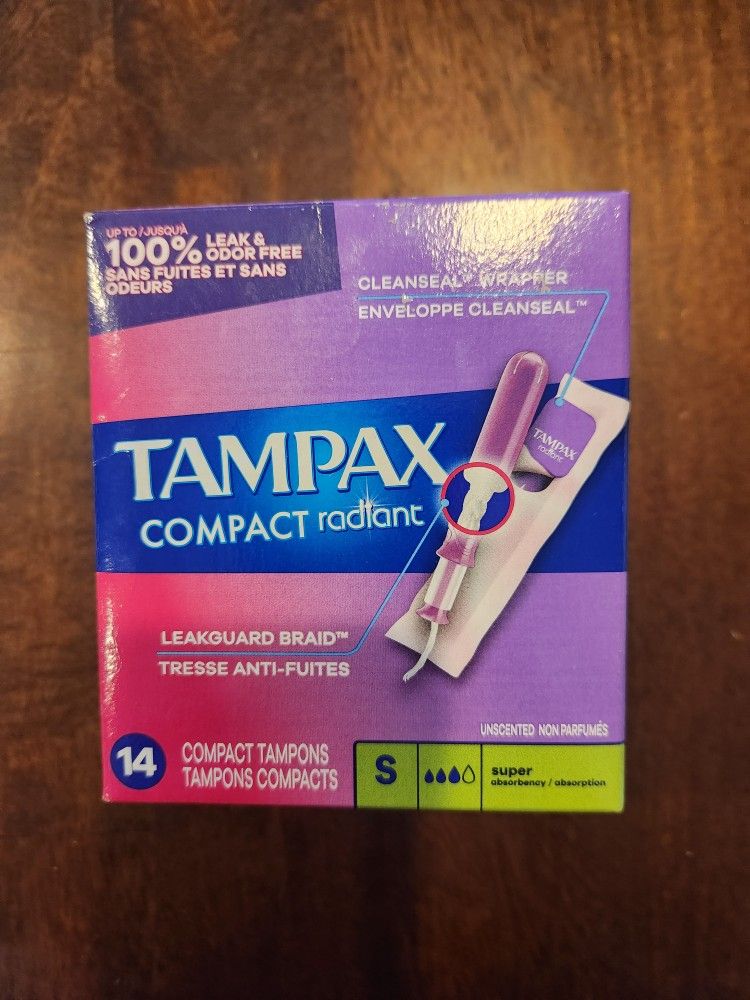 Brand New Box of Tampax Compact Radiant Super Absorbency 14 count Tampons