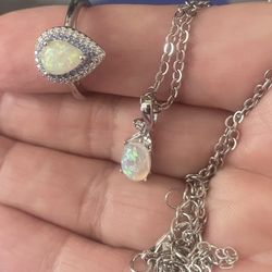 Opal Necklace& Ring Silvery Plated