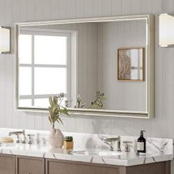 NEW IN BOX - QueenFun 48 in. W x 24 in. H Framed Rectangular Beveled Edge Bathroom Vanity Wall Mount Mirror in Brushed Nickel
