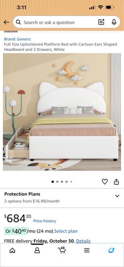 Full Size Upholstered Platform Bed with Cartoon Ears Shaped Headboard and 2 Drawers, White