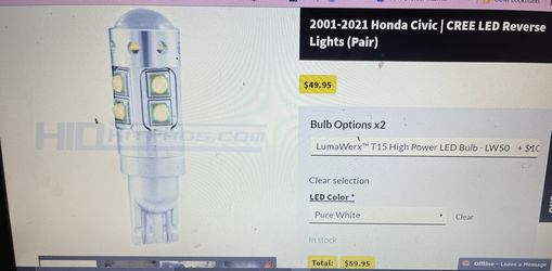Led Reverse Light Bulb 01-2021 Honda Civic New Pure White