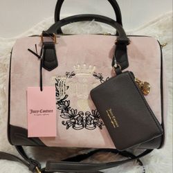 JUICY COUTURE Heritage Velour satchel Bag Dusty Blush and chocolate Brand New 