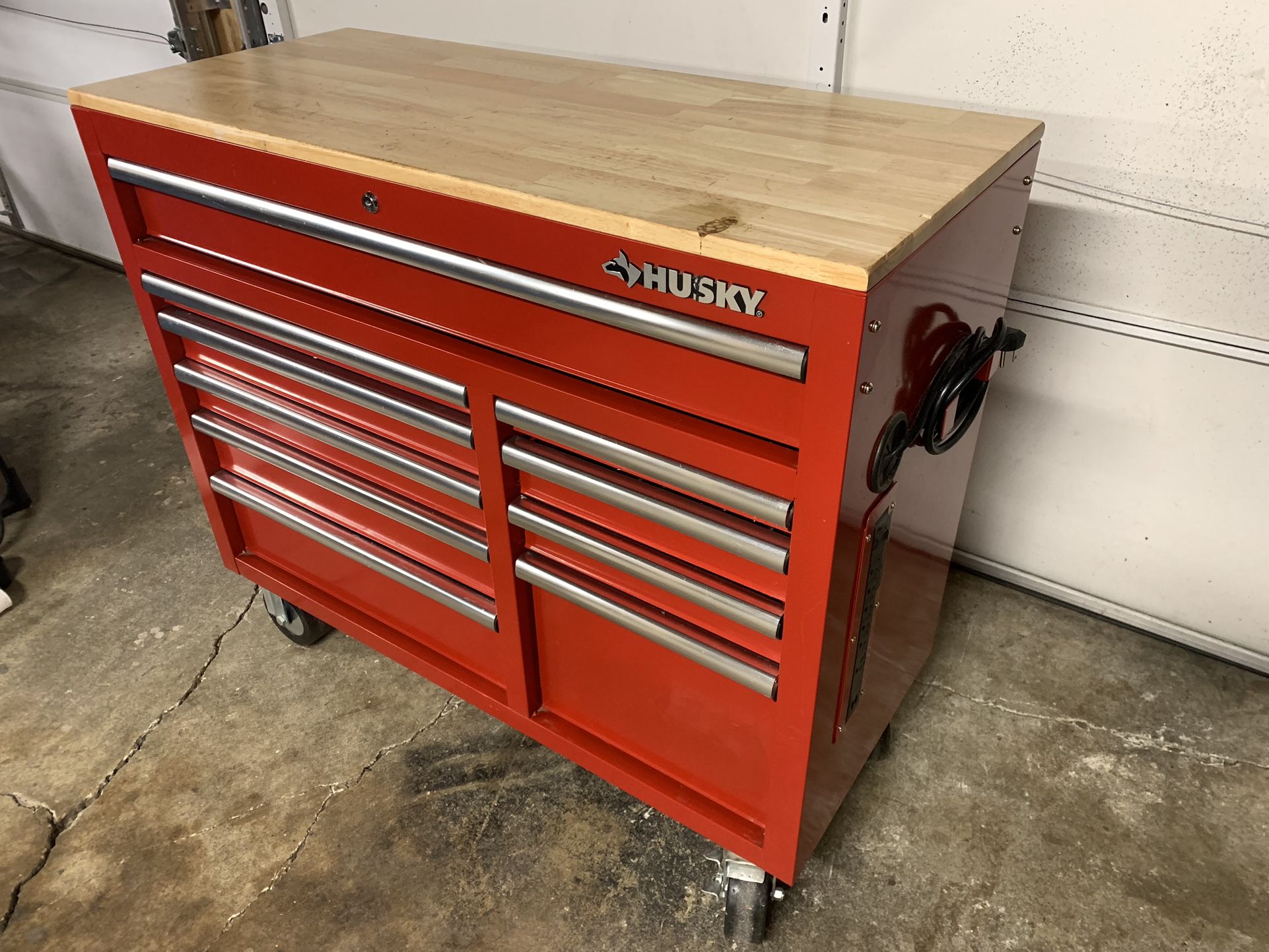Husky Rolling Tool With Wood Top And Power Strip for Sale