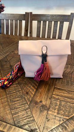Cream Faux Leather Crossbody Purse with Colorful Woven Strap & Tassels